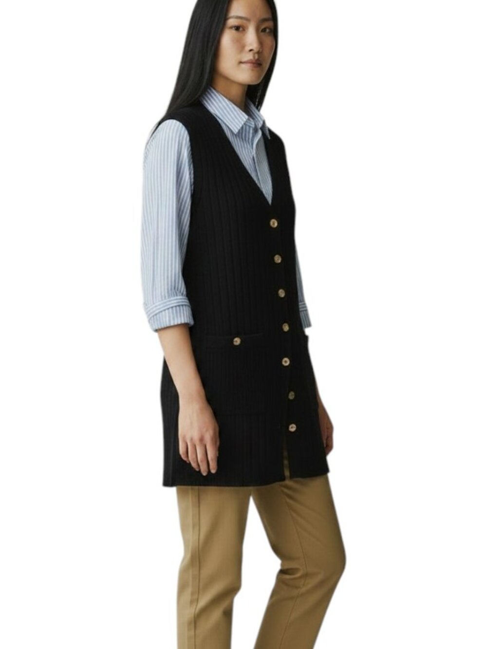 Womens Size 10 Vintage Longline Vest Ribbed Black Front Pockets Shell Buttons
